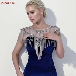 TOPQUEEN-Tassel Xaile para o vestido de casamento, acessórios nupciais, Cape Top, Rhinestone Cadeia de Ombro, Cadeia Corporal, SG33