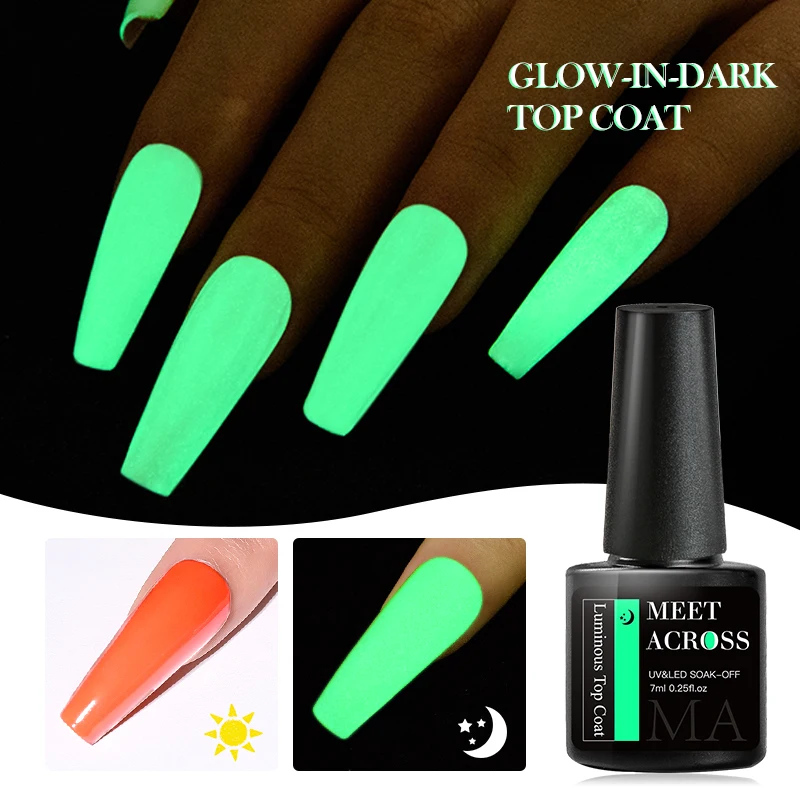 MEET ACROSS 7ml Luminous Top Coat Fluorescent Glow In Dark Gel Nail Polish Semi Permanent Soak Off UV LED Gel Varnish Nail Art