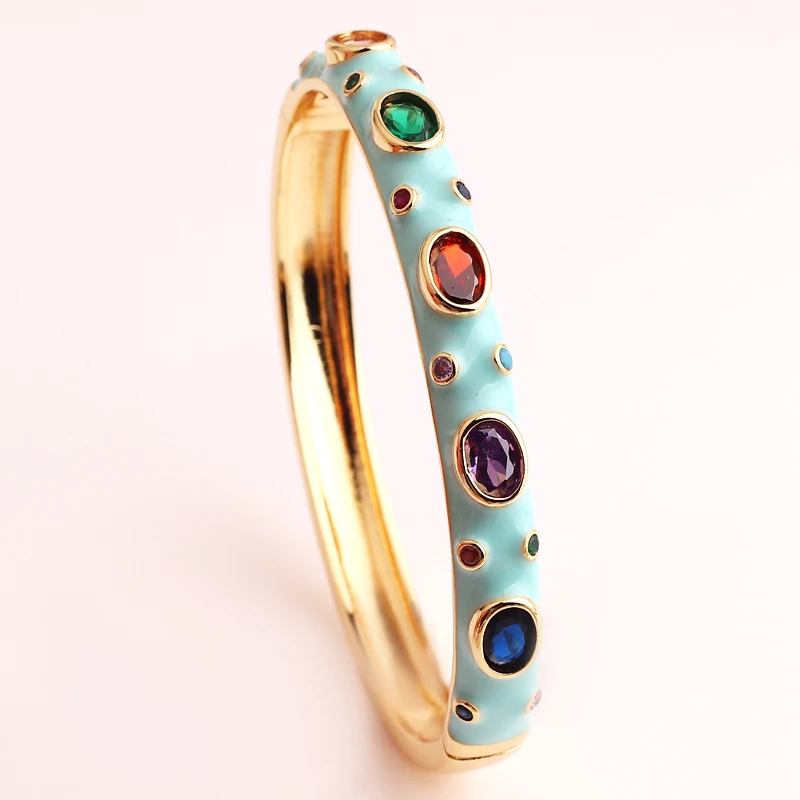 New Fashion Gold Plated Cuff Jewelry Bracelet 7 Colors Candy Colorful Neon Enamel Rainbow 5A Cubic Zirconia CZ Bangle Gifts