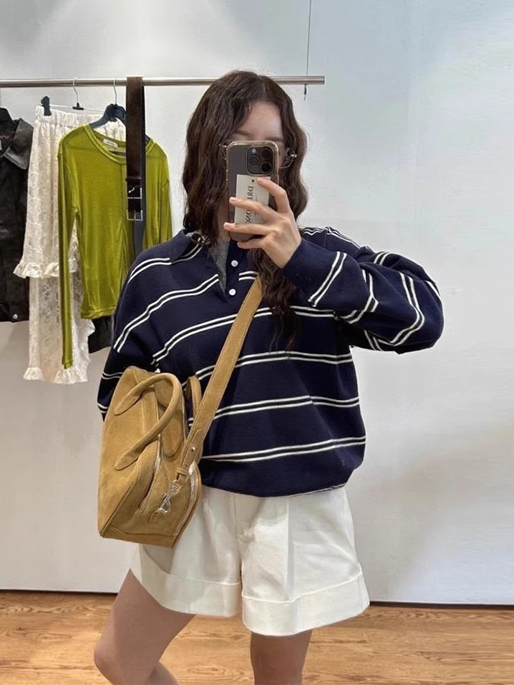 

Chic Autumn New Lazy Sle Ne Loose Small Striped Knitted Top Women's Faion Commute Sle Korean Loose Fit Long Sve