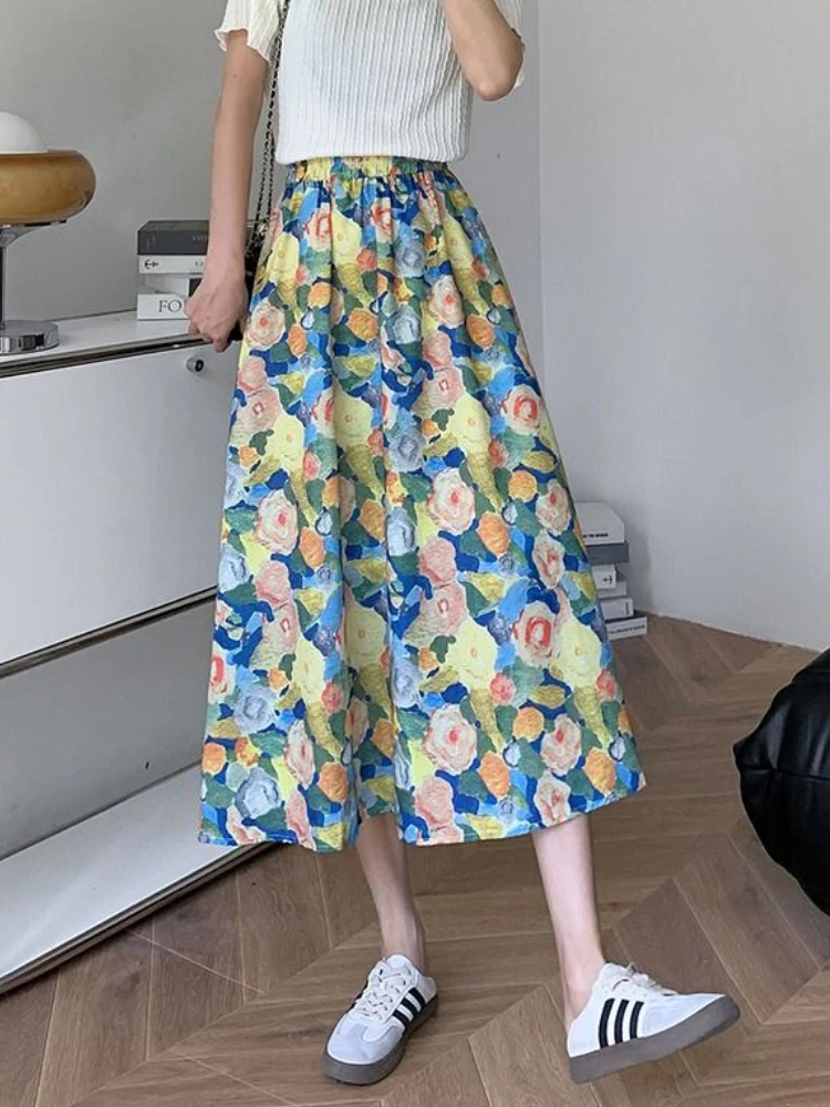 Printed Skirts Women Literary Vintage Female Prairie Chic New Summer Casual Korean Style Fashion Empire Holiday Graceful A-line