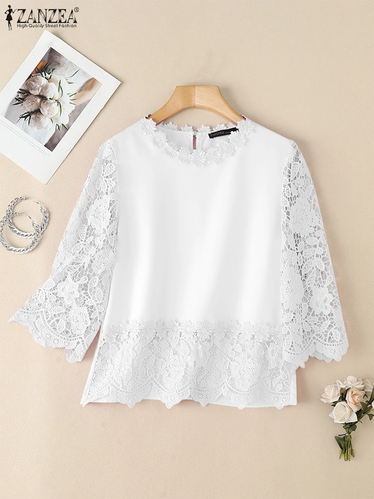 

2025 ZANZEA Summer Lace Crochet Blouse Women Bohemain Holiday Tops Elegant 3/4 Sleeve Work Blouse Casual Patchwork Blusas Tunic