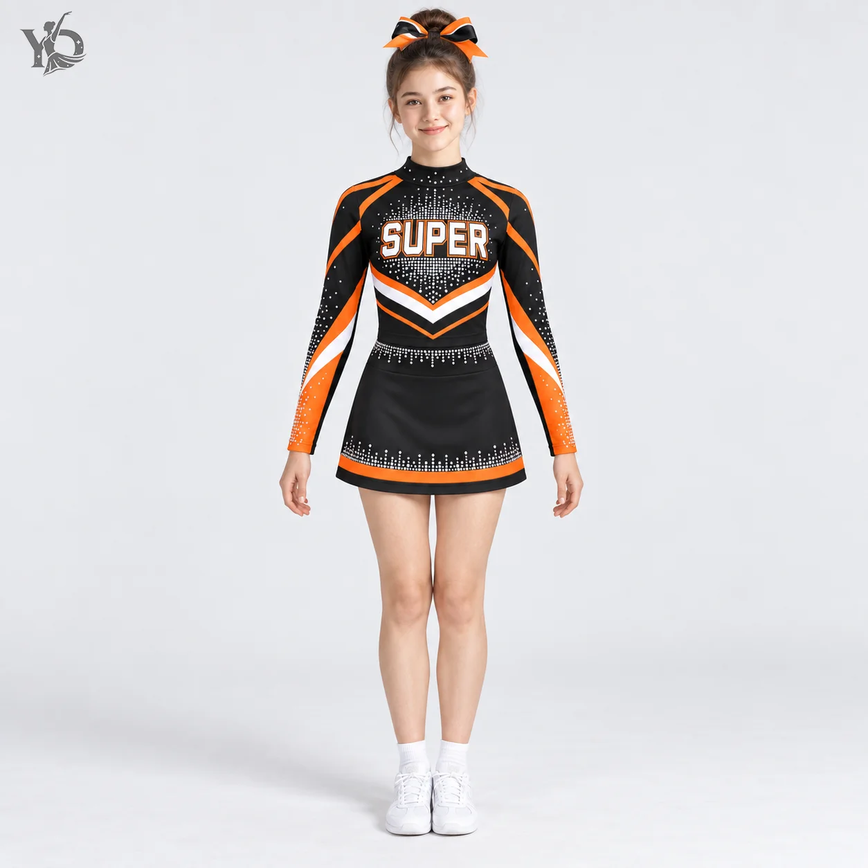 Girls Black Orange Rhinestone Cheerleading Outfit Long Sleeve Mock Neck Crop Top Skirt Youth Dance Team Competition Costume