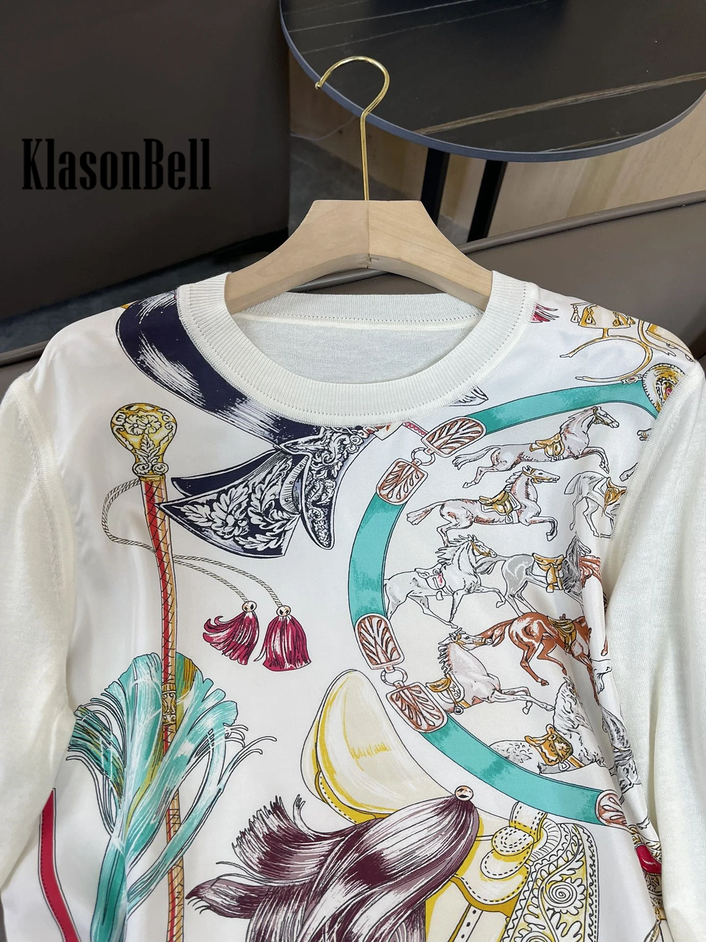 9.25 KlasonBell Comfortable Silk Pattern Print Spliced Long Sleeve Knitted Pullover Top Women