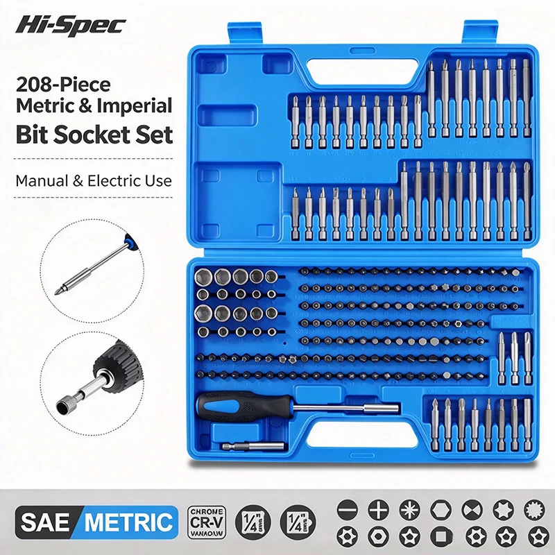 208Pcs Magnetic Screwdriver Bit Set CR-V, Slotted Phillips Torx Hex, Metric & SAE Socket, Power Drill Home Repair Tool Kit