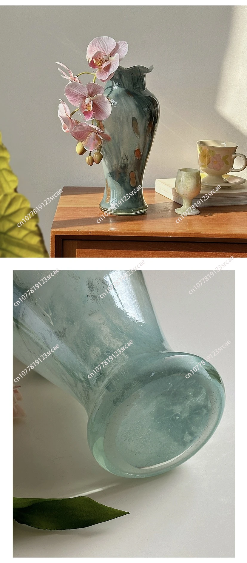 

Blue transparent glass vase Chinese style retro lace decorative flower ornament living room entrance