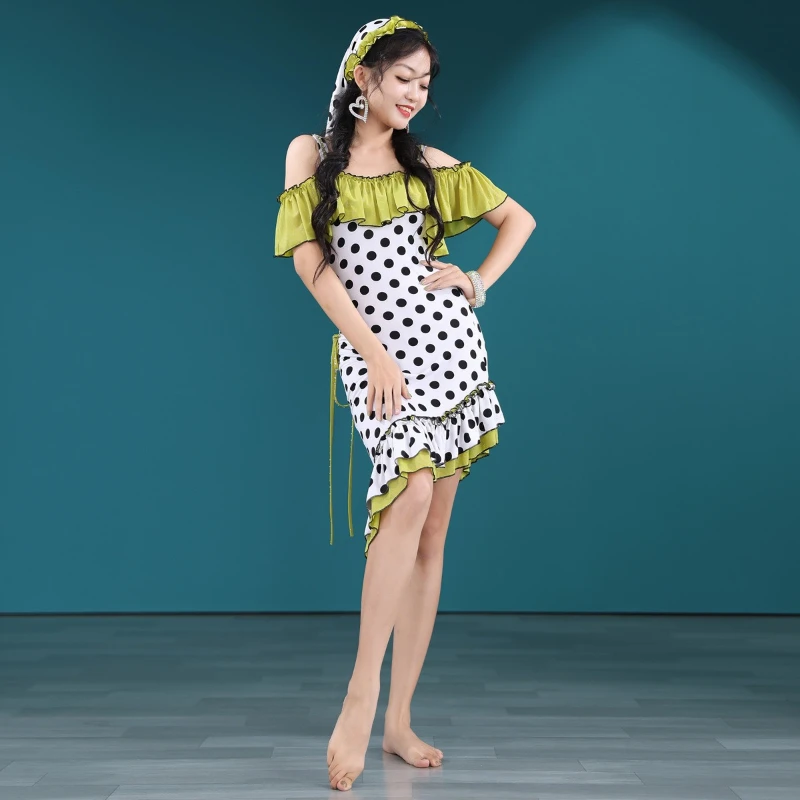 THEEPER Belly Dance Malaya Dress for Women, Polka Dot Off Shoulder Ruffle Folk Costume with Headscarf, Belly Dance Practice Wear
