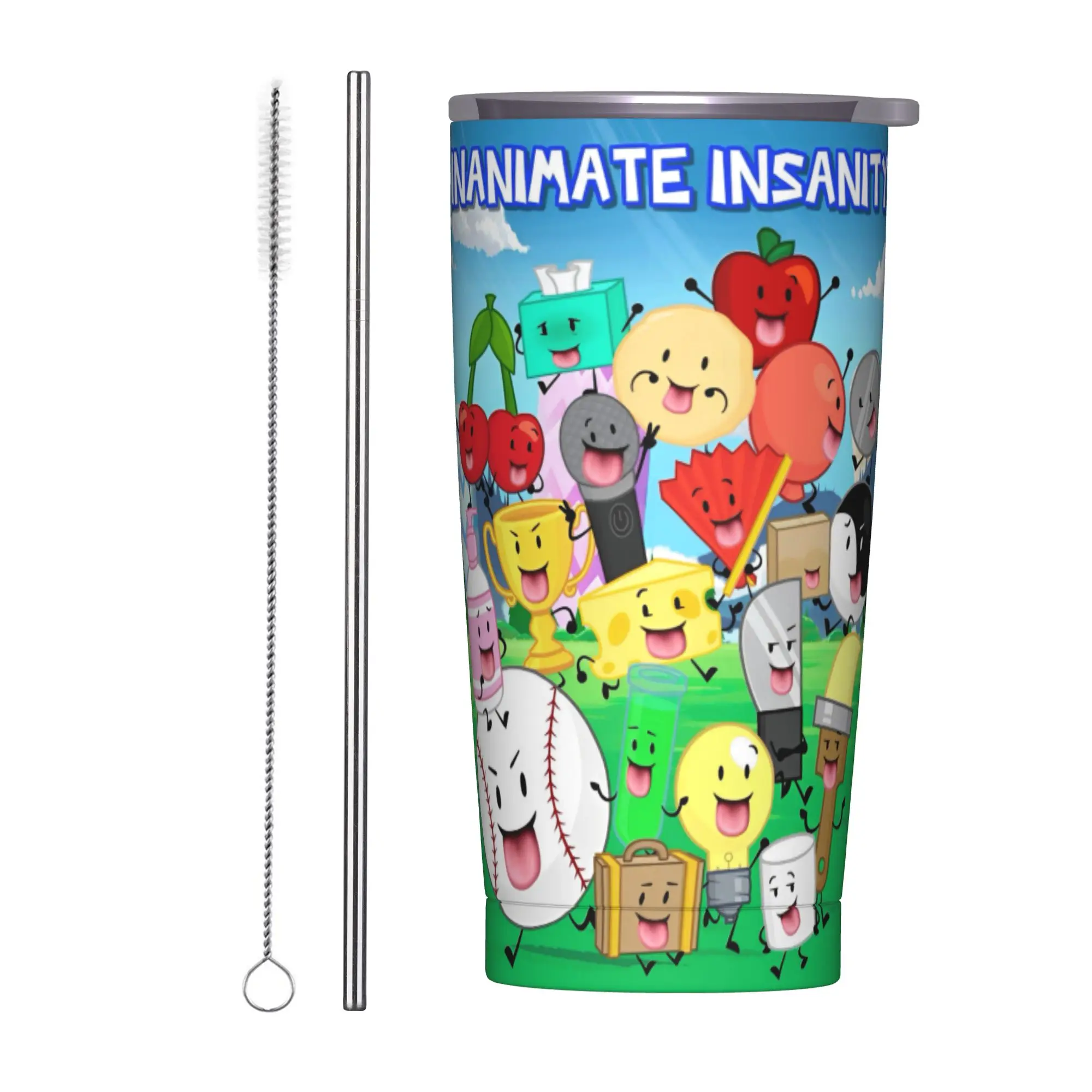 BFDIs Inanimate Tumbler Vacuum Insulated Battle for Dream Island Thermal Cup with Lid Straw Double Wall Mug Hot Cold Drink, 20oz