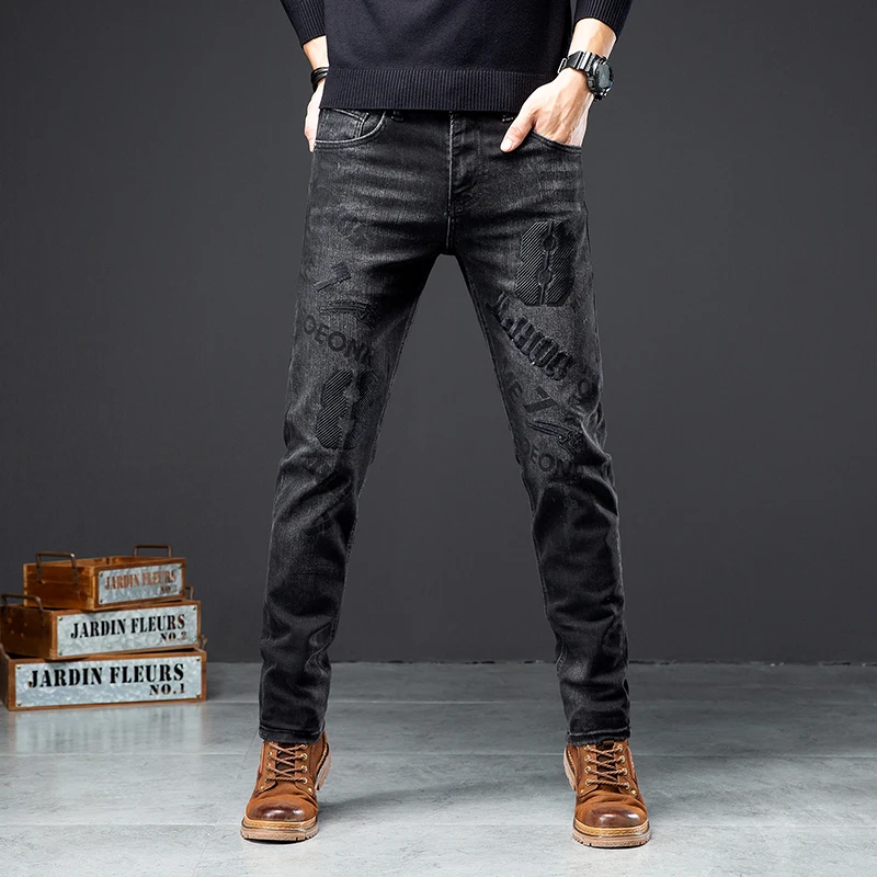 

2024 Fashionable Embroidered Jeans Men's Street Trendy Unique Men's Autumn Stretch Denim Slim Fit Skinny Pants