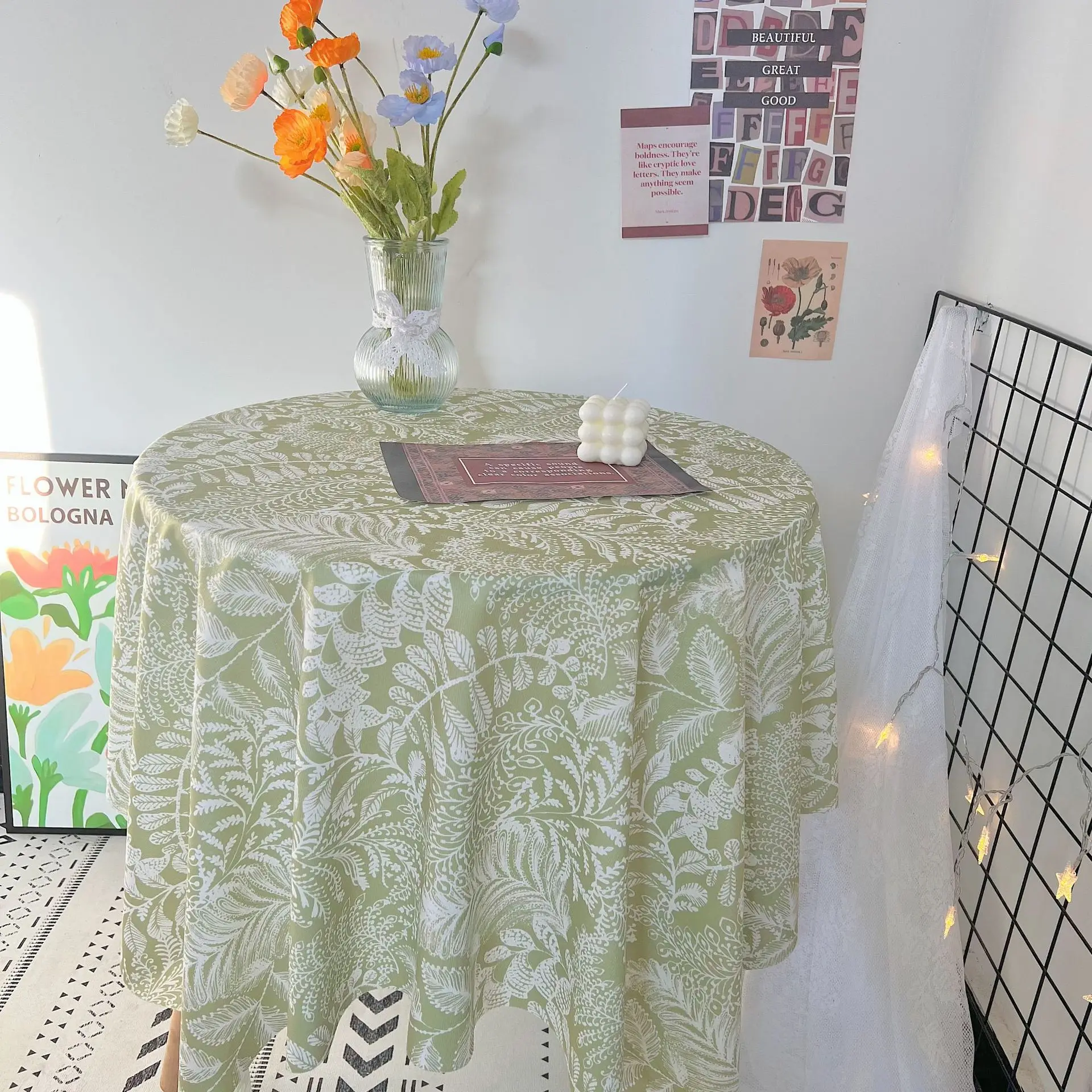 Waterproof Round Tablecloth Fresh Green Nature Tea Table Cloth Plant Luxury Deluxe Thick and Solid Table Cover Spring Home Use