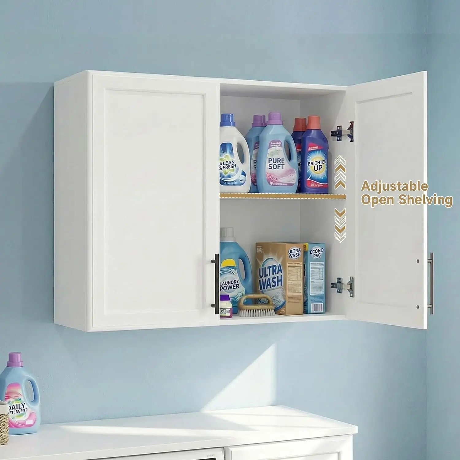 Set of 3 Wall Cabinets, 63 Inch Kitchen Laundry Room Storage Cabinets with Adjustable Shelves, Floating Wall Mounted Cupboards