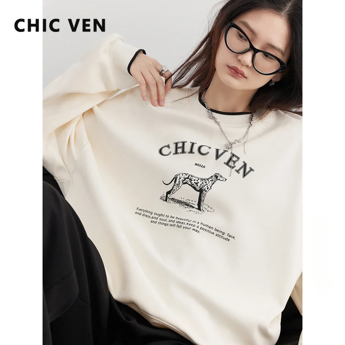 CHIC VEN Women T-Shirts Streetwear Loose Casual New O Neck Letter Print Female Tops Long Sleeved Pullover Tee Spring Autumn 2024