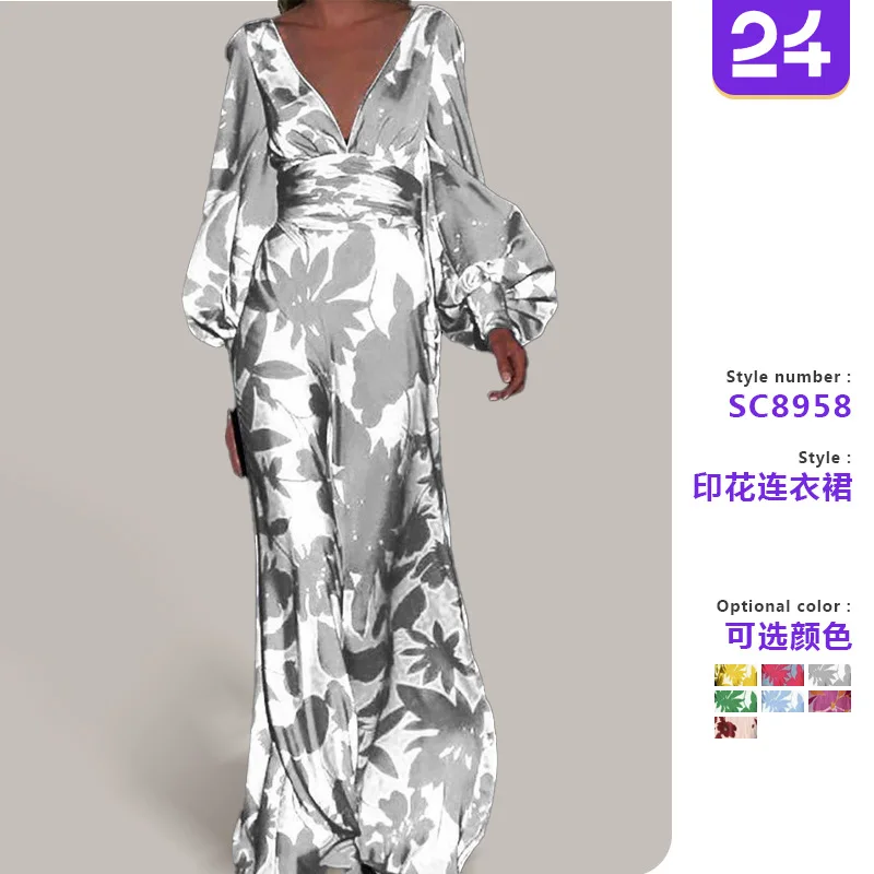 

2025 Dress Women Elegant Fashion Beautiful Women's Dresses Women's Dress Slim Lantern Sleeve Fashion Print V-neck Long Dress