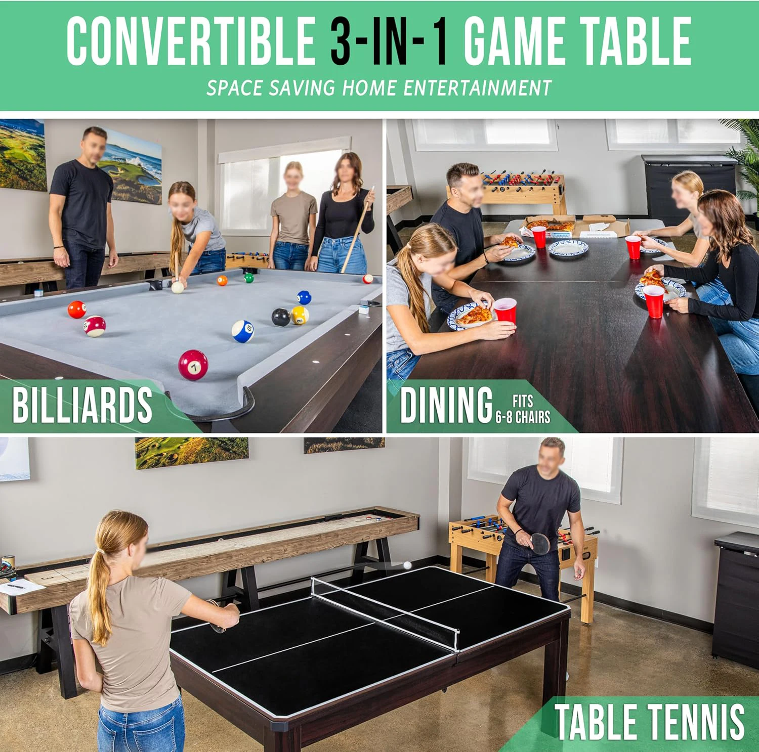 Custom 7ft Luxury 3-in-1 Indoor Multi-Function Game Table Equipped with Table Tennis and Billiards Dining Features