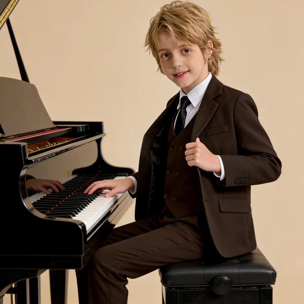 

Коричневые формальные детские приталенные костюмы из 4 предметов Одежда для фортепиано Классический смокинг Smart Boys Наряд для дня рождения Плюс Размер От 3 до 14 лет