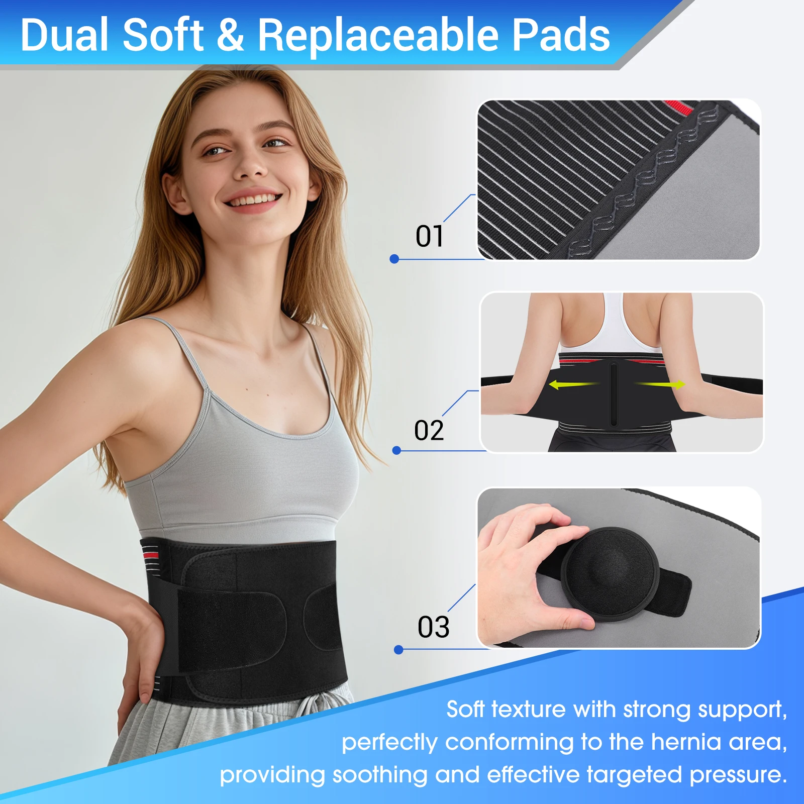 Hernia Belt Front-Wearing Inguinal Hernia Support with 2 Replaceable Pads Adjustable Compression Strap Lumbar Support