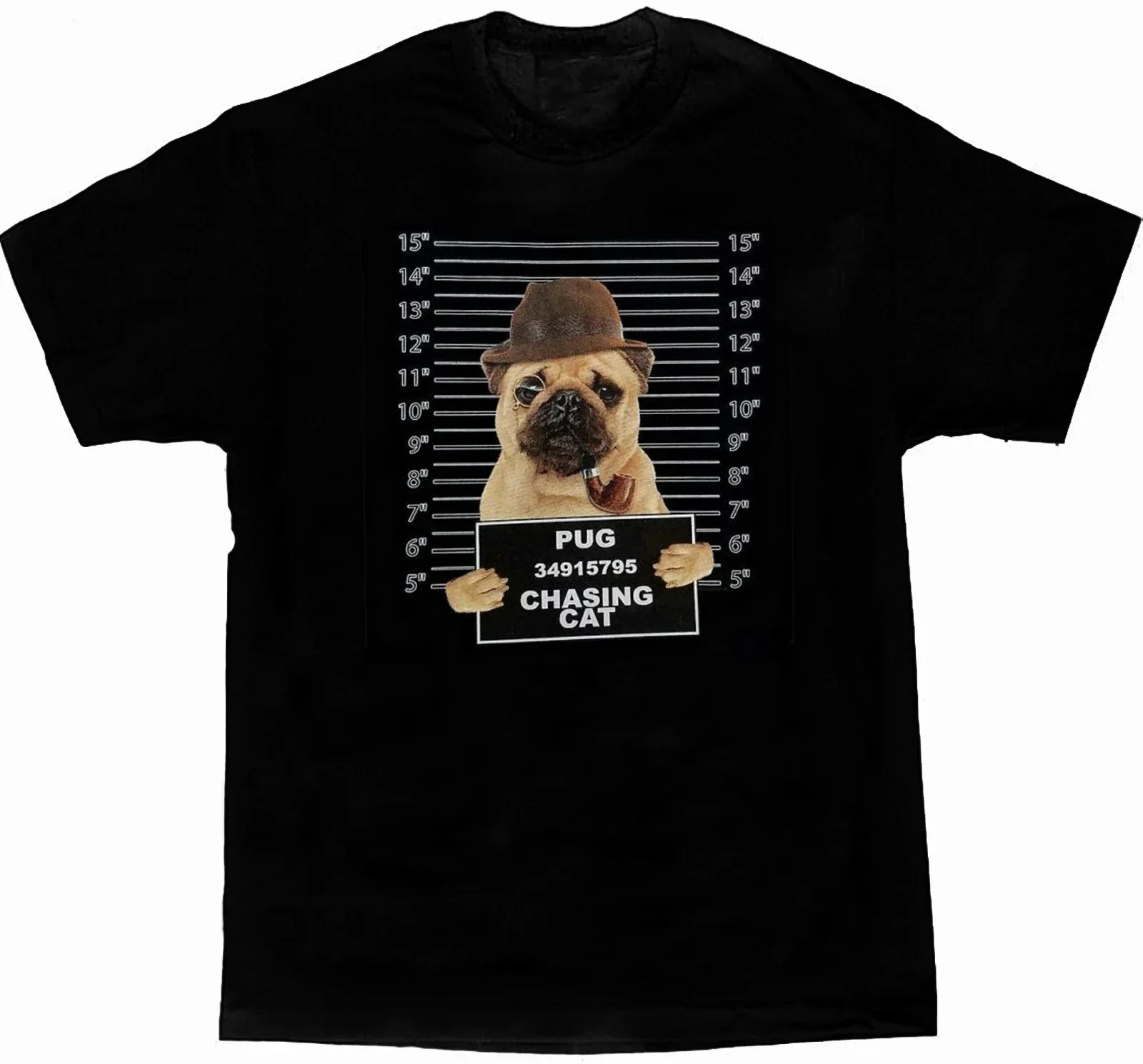 Funny Criminal Dog Art Pug Mug Shot Printed T-Shirt 100% Cotton O-Neck Summer Short Sleeve Casual Mens T-shirt Size S-3XL