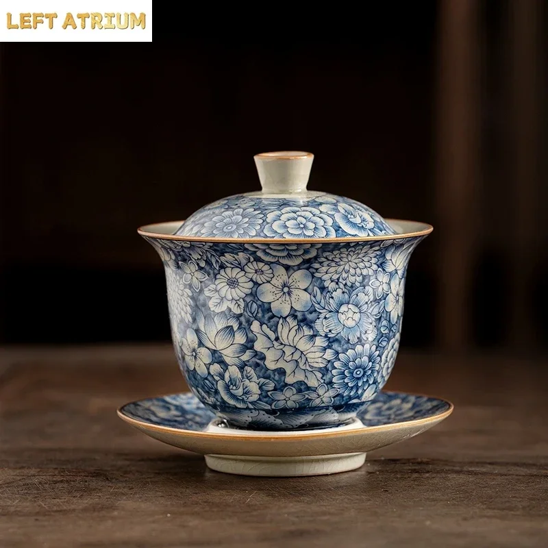Retro Ru Kiln Tea Tureen Ceramic Sancai Cover Bowl Tea Maker Gaiwan Can Raise Kung Fu Teaware