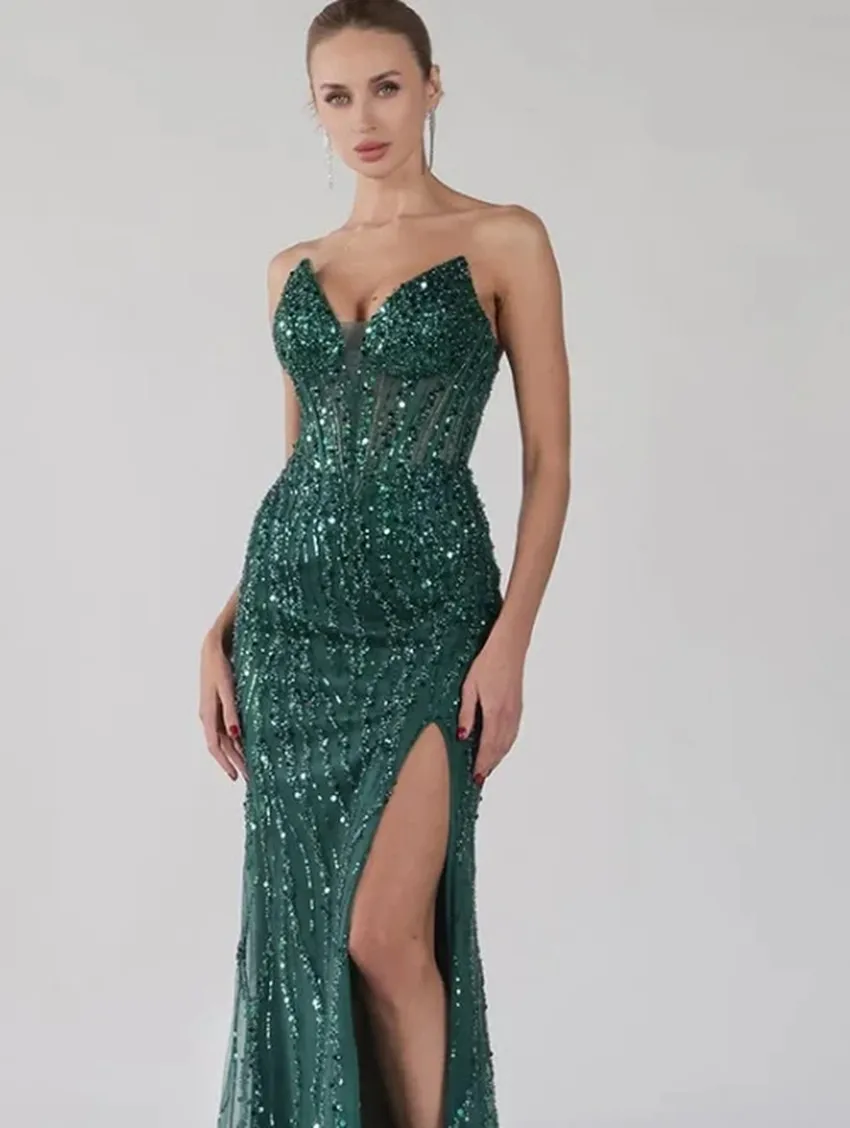 فستان حفلة موسيقية بترتر أخضر داكن سبليت مطرز بالخرز قبالة الكتف بدون ظهر فساتين سهرة فخمة ٢٠٢٥ مخصص