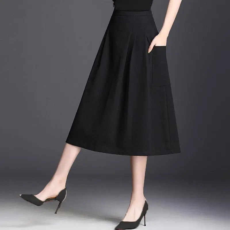 New Spring and Summer Women's Solid Colors High Waist Elastic Loose Pockets Classic A-Line Trendy Comfortable All-match Skirt