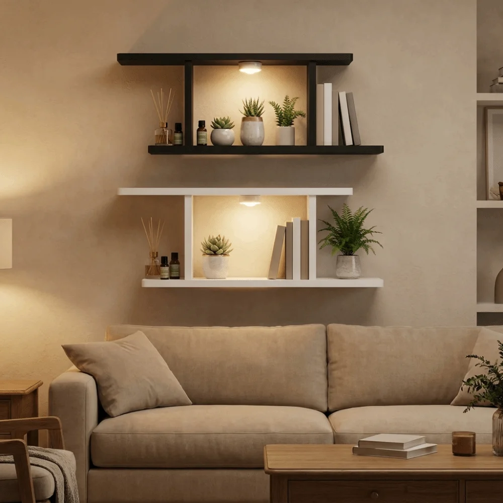Wooden LED Light Wall Shelf Space Saving Decorative Double-Layer Display Shelf Large Capacity Wall Storage Rack Bedroom