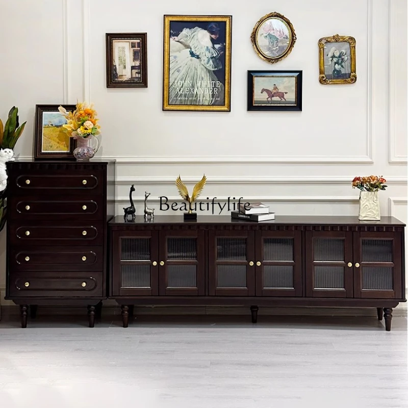 

American Style Solid Wood TV Cabinet Living Room Vintage Storage Cabinet High-end Light French Integrated