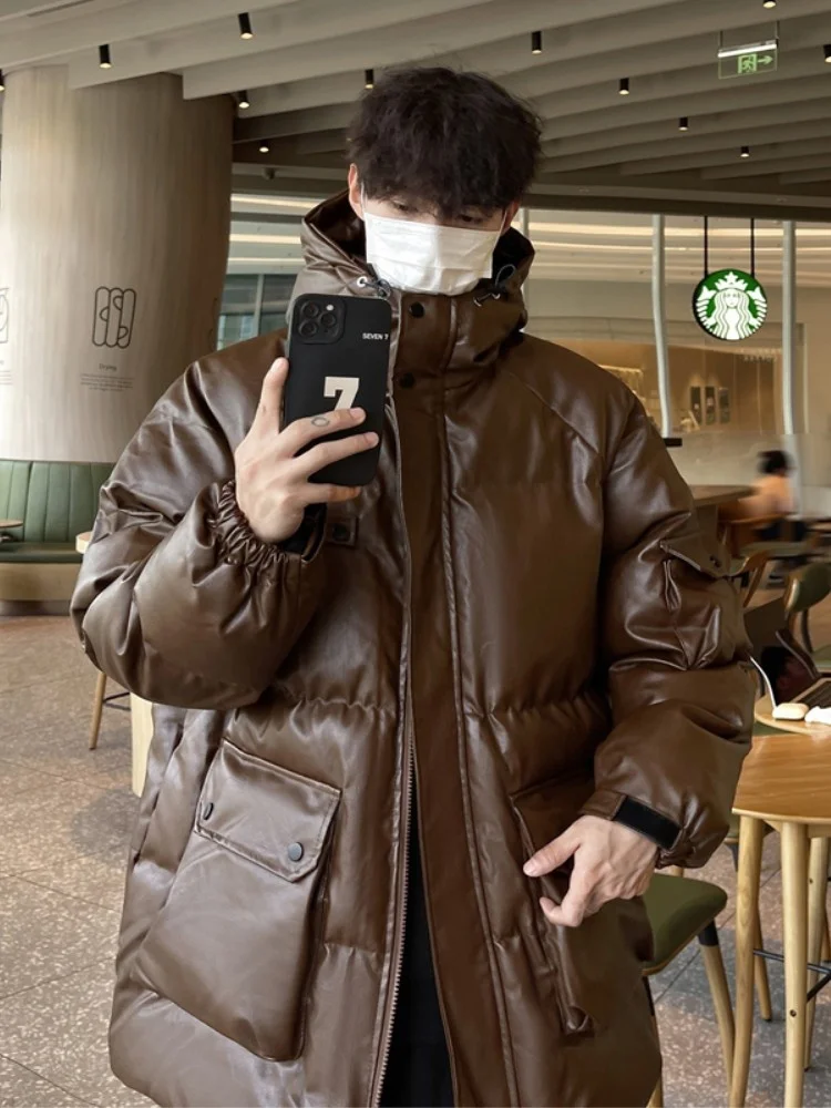 

Men's PU Leather Cotton Jaet Winter Thiened Hooded Workwear American Sle Trendy Brand Casual Faion Warmth