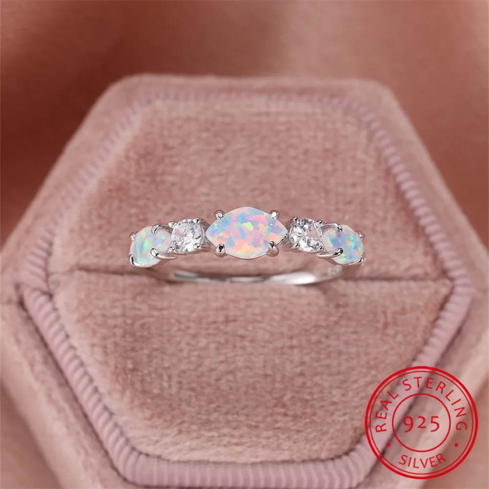 Marquise Stone White Fire Opal Ring Real 925 Sterling Silver Engagement Rings For Women Wedding Band Crystal Jewelry