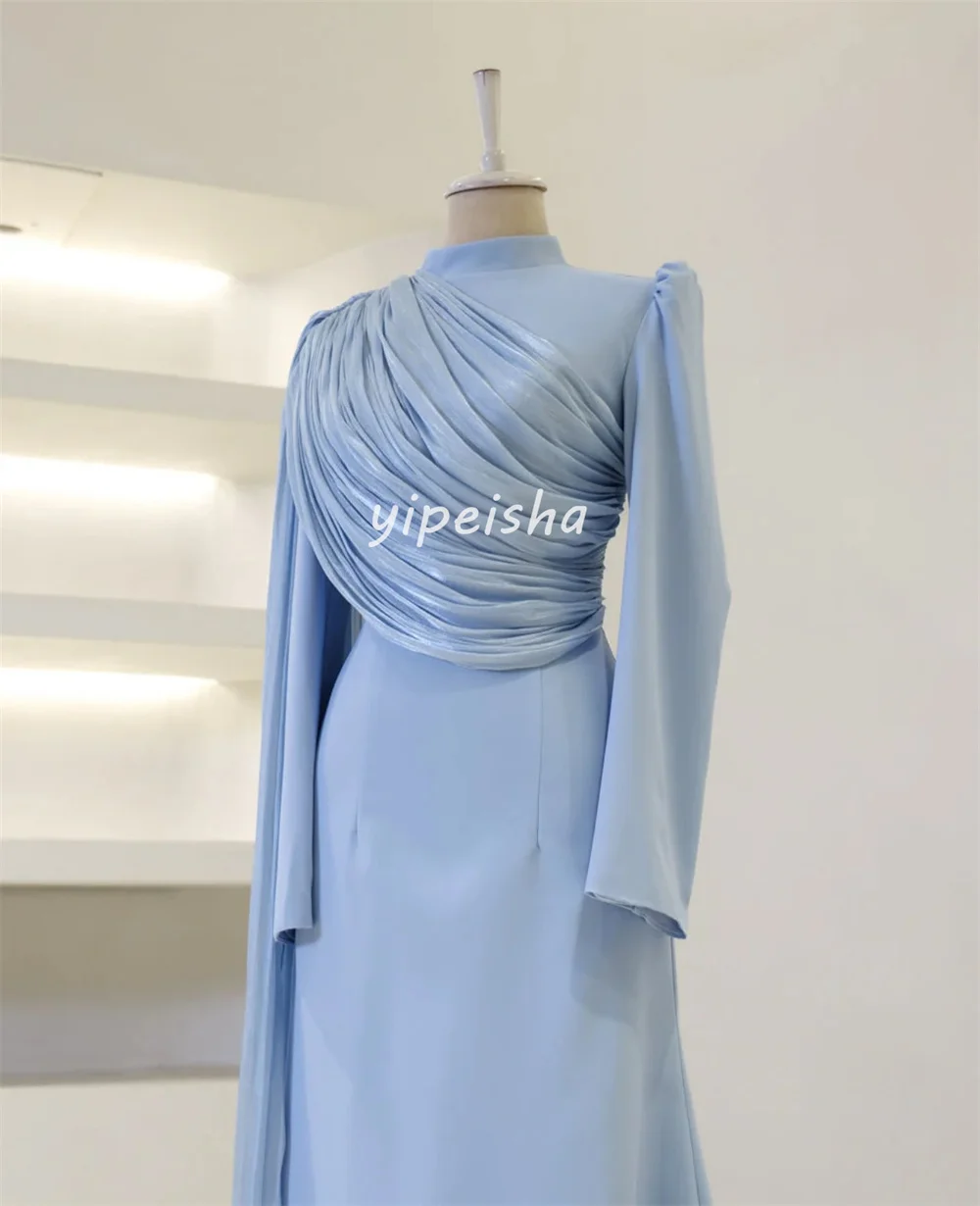 Aangepaste mode bijpassende jersey plooi ruches gedrapeerde a-lijn hoge kraag lange jurken avondjurken hoge kwaliteit moderne stijl