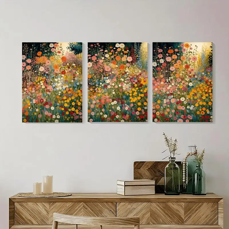 2D/Flat, 3pcs  Canvas Poster - Three vibrant floral paintings displayed - canvas wall art -posters wall art - room decor - ba