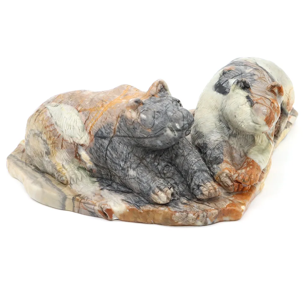 230mm Picasso Jasper Natural Stone Two Bear Statue Reiki Healing Gemstone Hand Carved Animal Figurine Craft Home Decoration Gift
