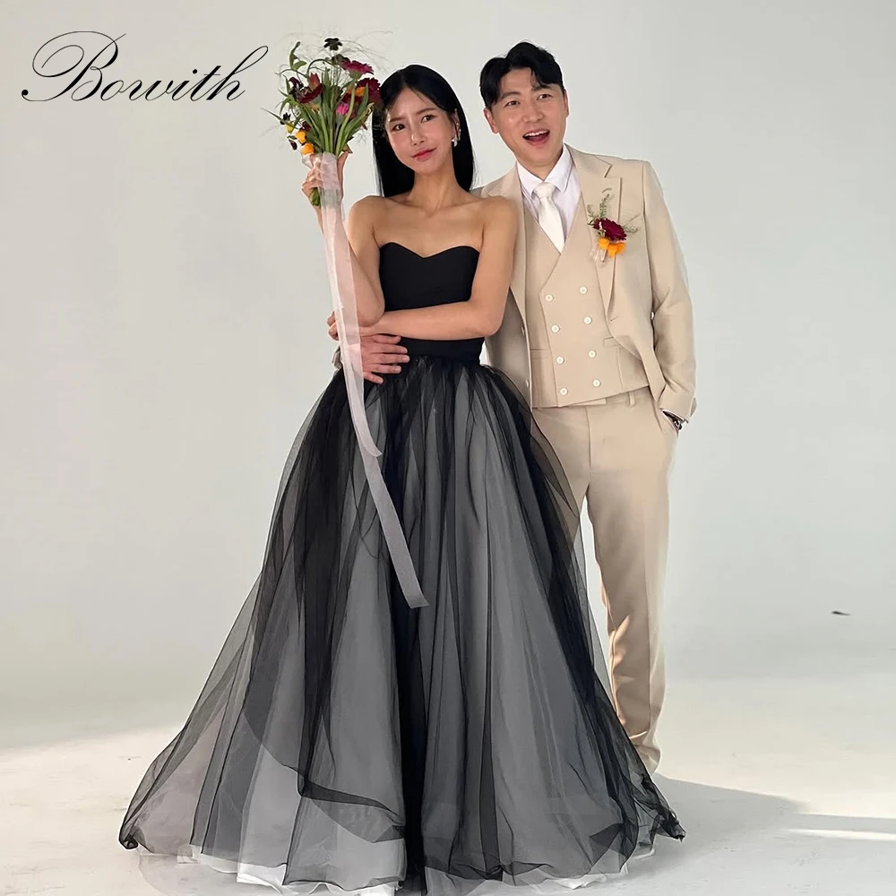 

Bowith Black Wedding Dresses A-Line Strapless Bridal Gown Customized Corset Back Wedding Snap Dresses Wedding Party Gown