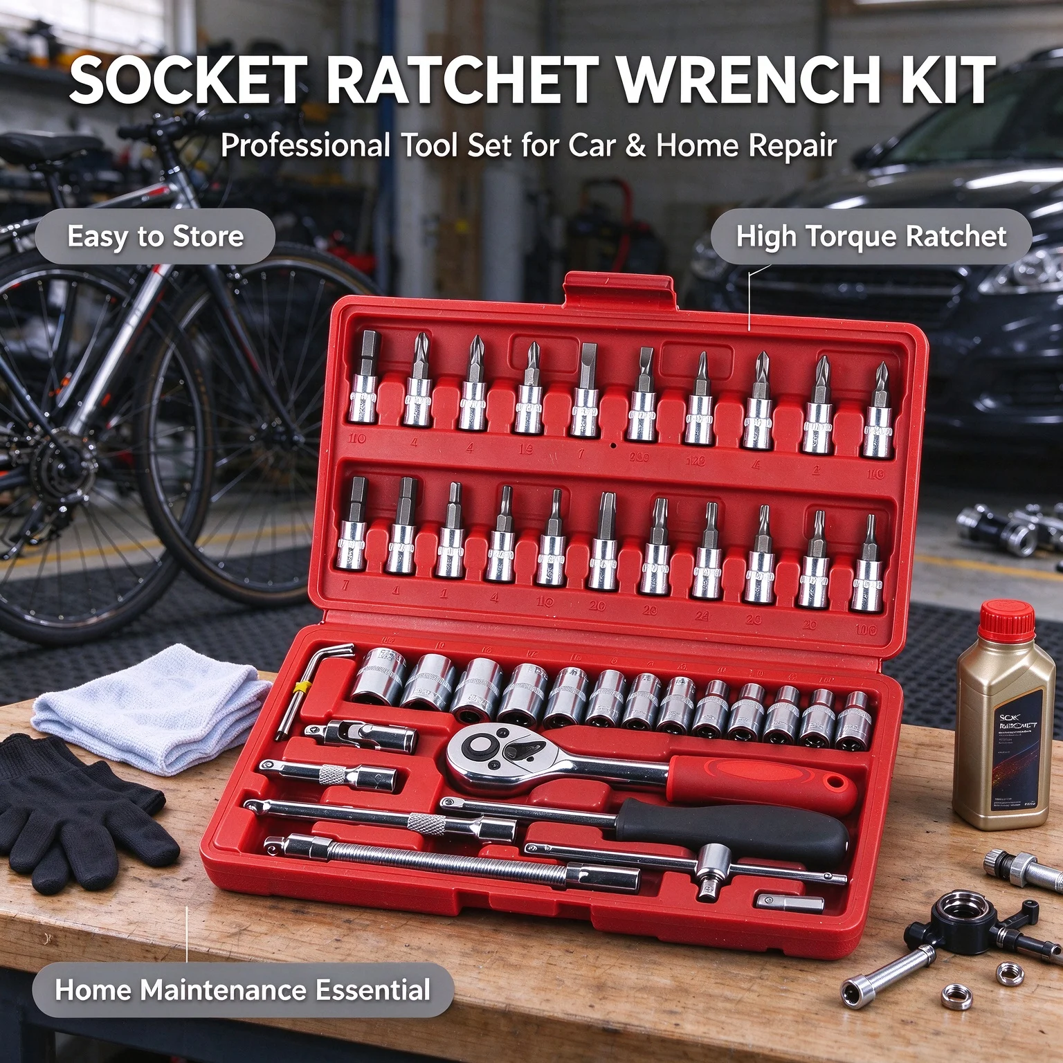 46 PCS 1/4 Inch Drive Socket Ratchet Wrench Set Screwdriver Kit Professional Car Repair Tool Box for Home Garage Workshop