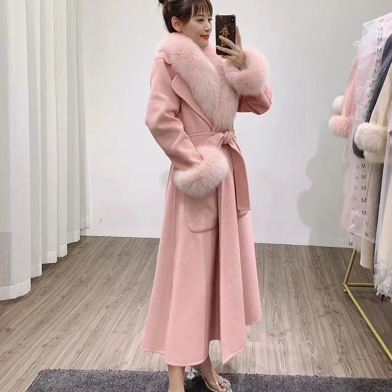 2024 Real Fur Coat Winter Jacket Women Natural Fox Fur Collar Cuffs Long Wool Blended Female Warm Thick Outerwear Streetwear