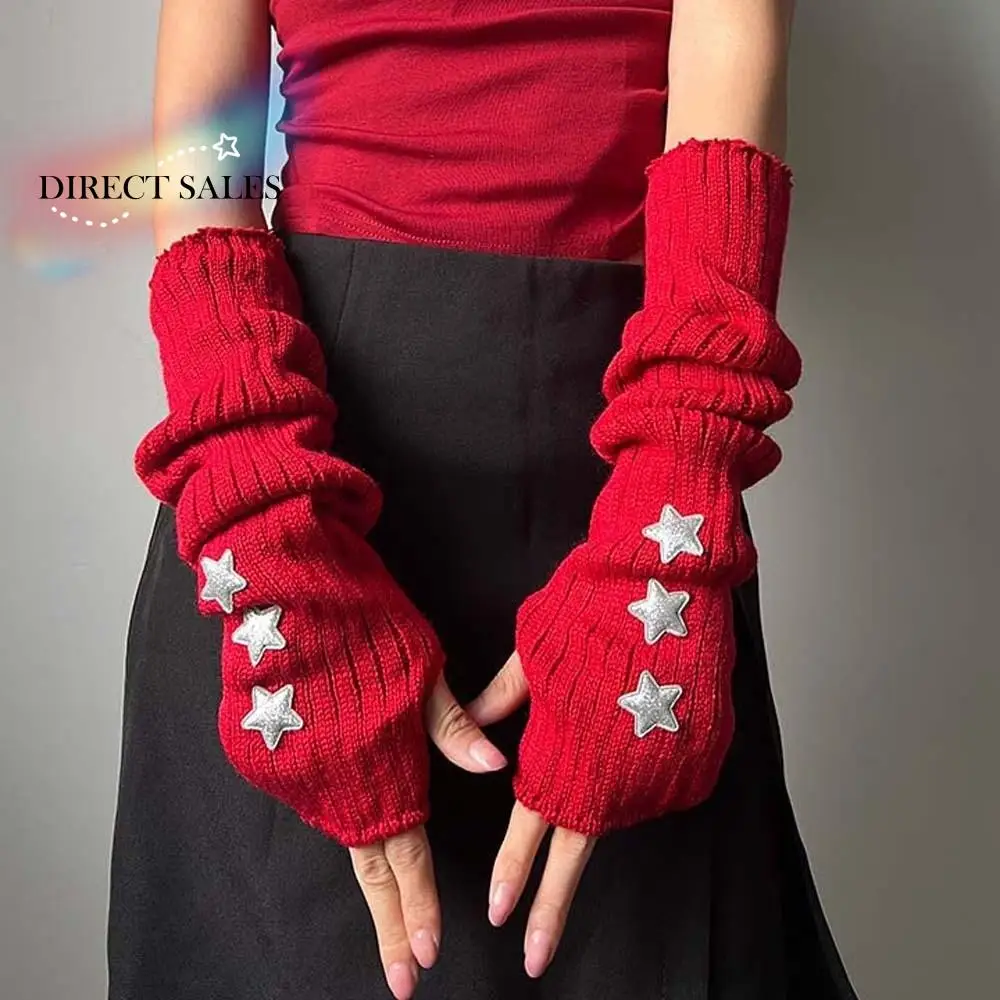 

Elastic Knitted Fingerless Sleeves Solid Color Gothic Y2K Star Arm Cover Half Palm Cool Warmer Long Cuff Festival