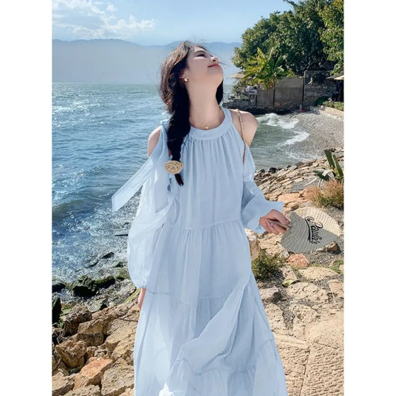 

2025 New French Women's Off Shoulder Pullover Dress Casual Solid Color Round Neck Lace Up Long Sleeve Summer Temperament Dresses