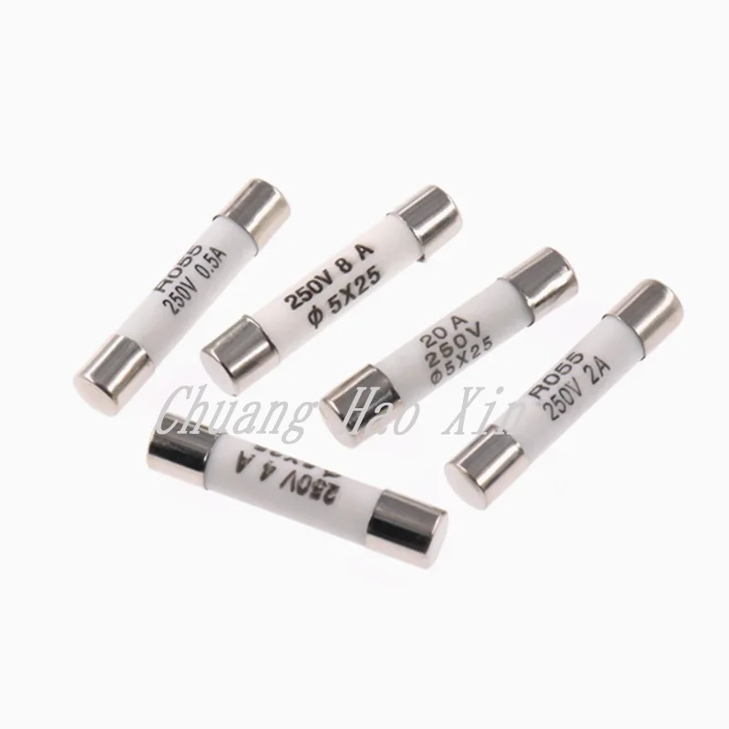 10 ceramic fuse tubes 5 * 25mm 0.5A/1A/2A/3A/4A6A1A20A 250V RO55 fuses