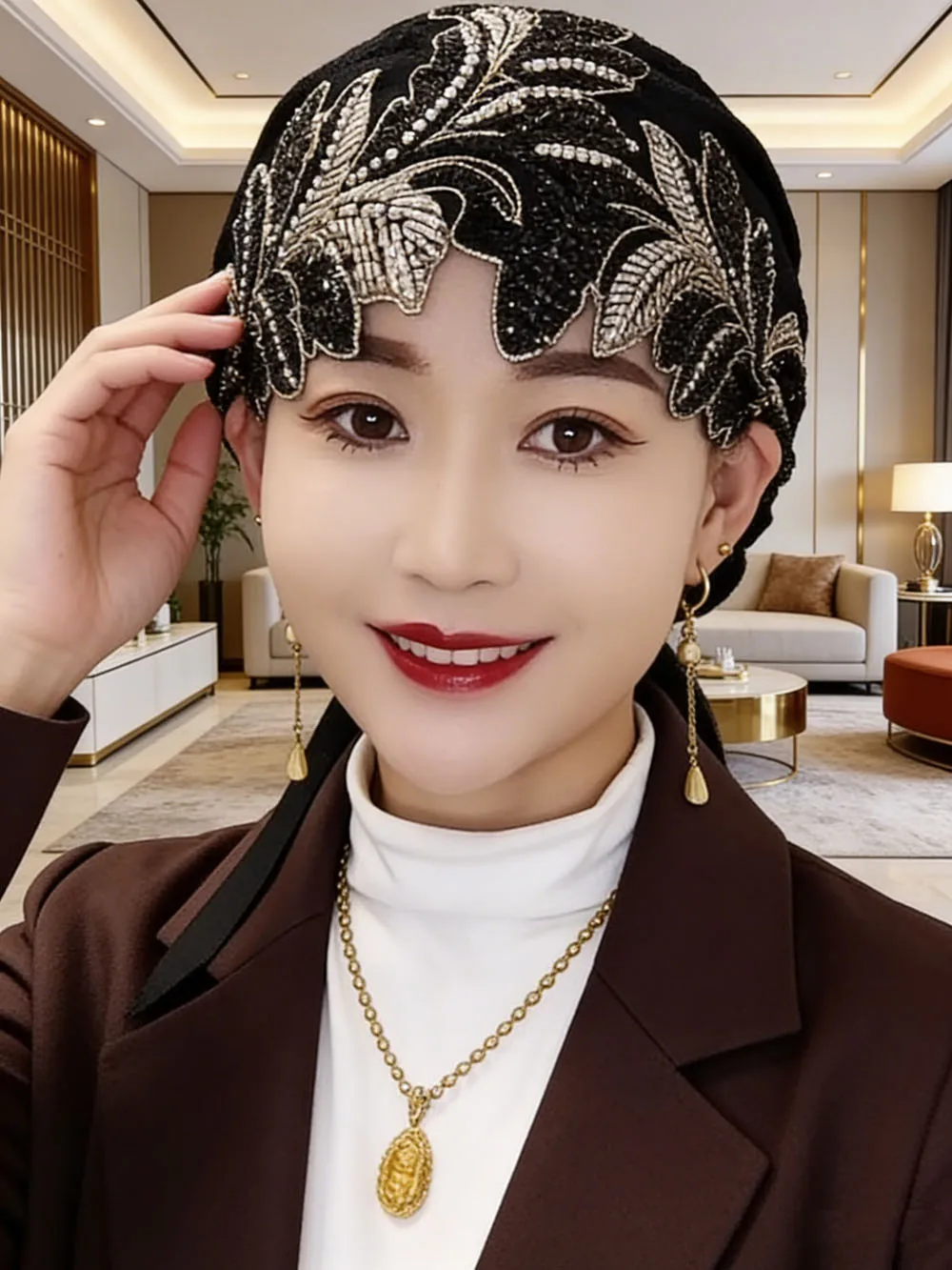 Moda pizzo ricamo berretti berretto con perline turbante hijab sottoscocca donne musulmane cappello cofano berretti fascia per capelli foulard fascia