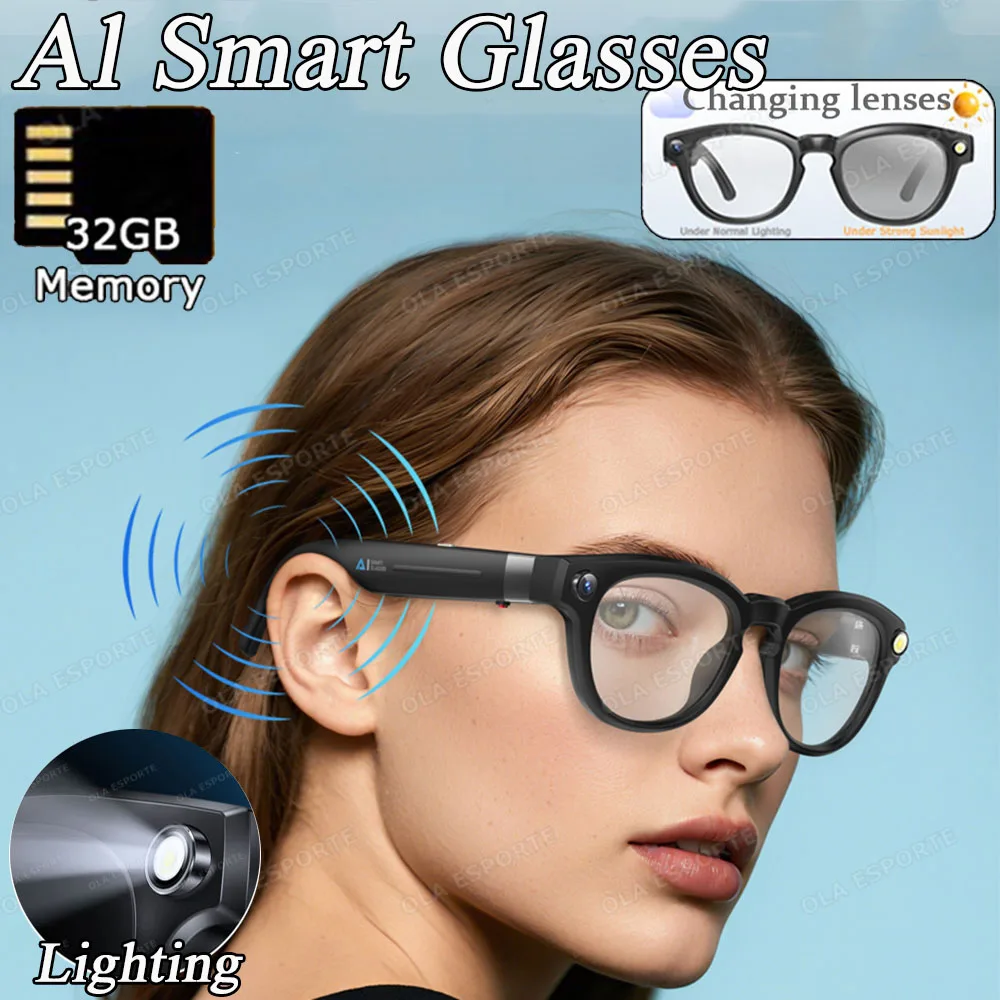 

4K AI Smart Glasses Multifunction Camera Bluetooth Call Voice Assistant Music Player Translate Photochromic Glasses Women Men