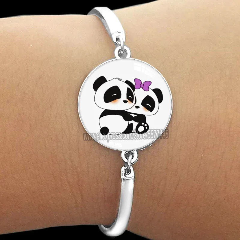 NEW Fashion Cute Furry Panda Print Glass Bracelet for Women Jewelry Alloy Adorable Animal Bangle Gift for Girlfriend or Daughter