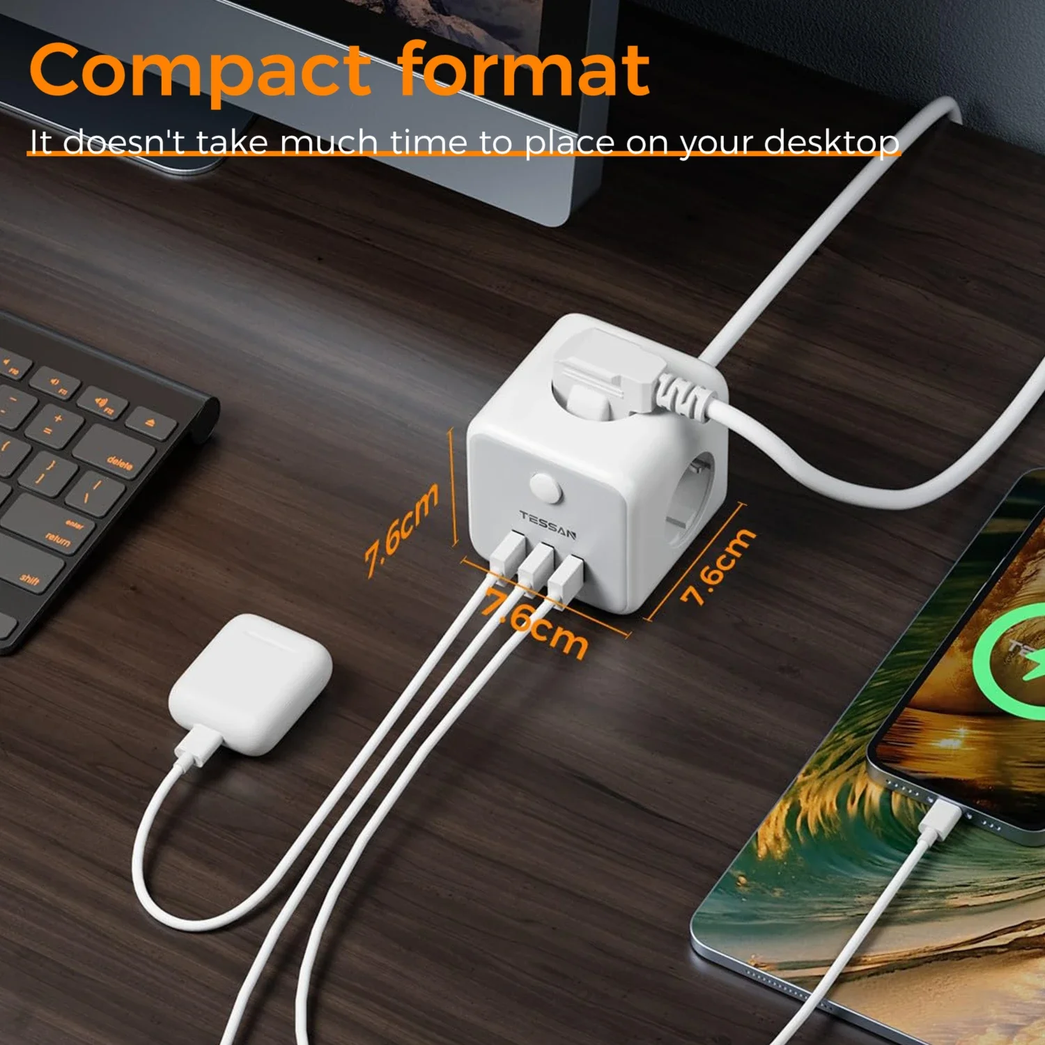TESSAN Multiple Socket Power Strip with 3 Outlets 3 USB EU Plug Cube Electric Socket with Switch 1.5M Extension Cable for Home