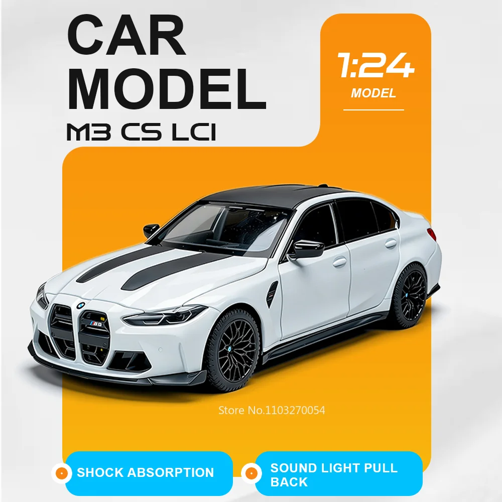 

1:24 M3 CS LCI X5M Miniature Model Alloy Toys Model Diecast Car Doors Opnend Sound Light Pull Back Vehices Surprise Gift for Boy