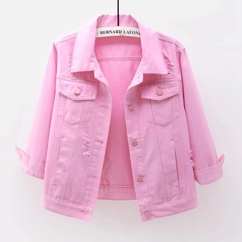 Spring Summer Thin Frayed Denim Jacket Women Fashion Pink White Big Pocket Cowboy Outwear Casual Slim Short Jeans Jacket Female