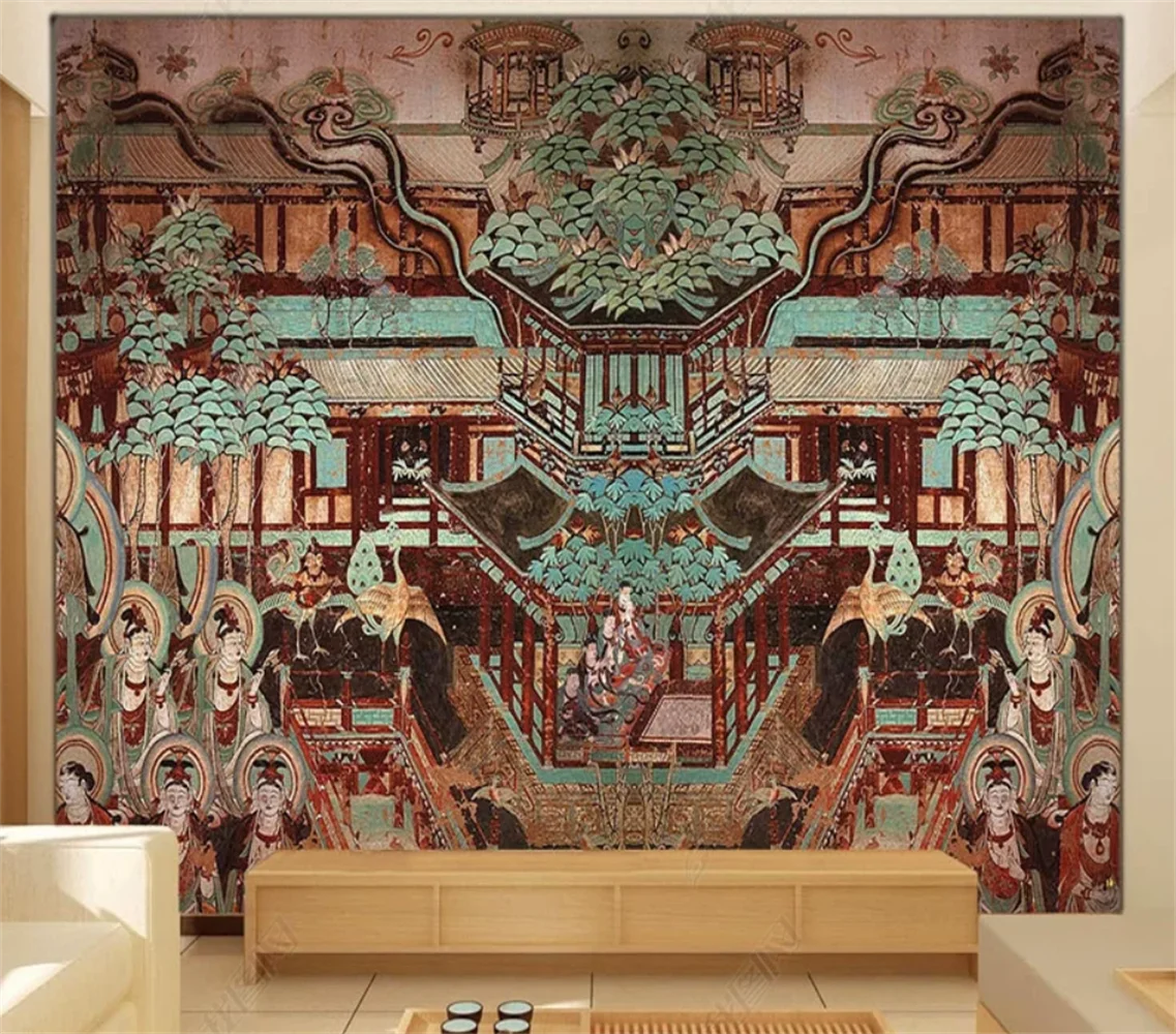 Dunhuang frescoes China-Chic Feitian Lady Jiyue Xiangyun Buddhist Hall Wallpaper Hanfu shooting background Custom wall cloth