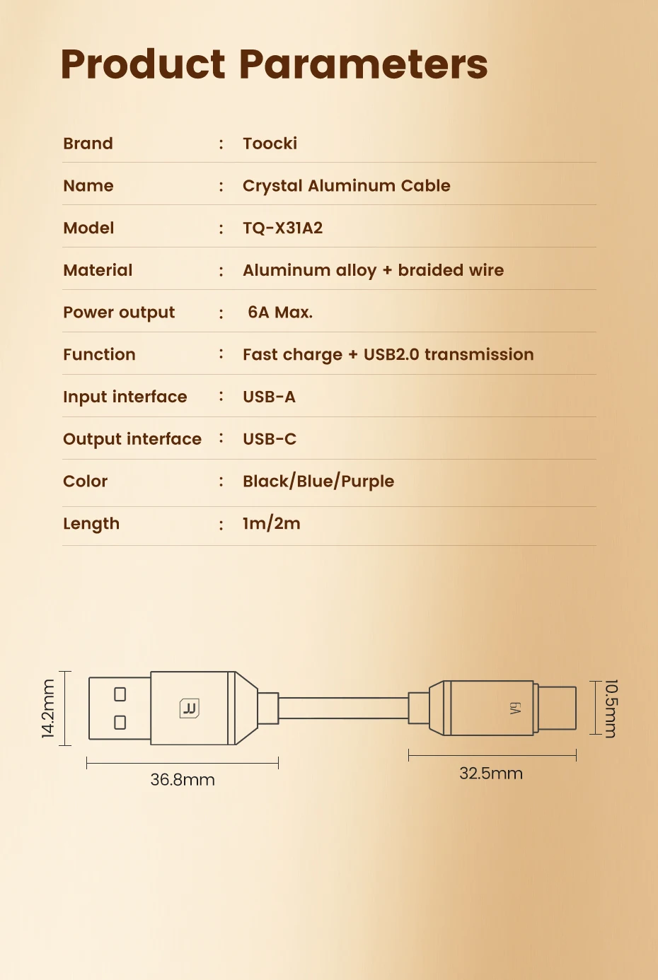 Toocki 100W USB A to USB Type C Cable for Huawei Honor Samsung Xiaomi Redmi iPhone 17 16 6A USB to Type C Charger Cord Data Wire