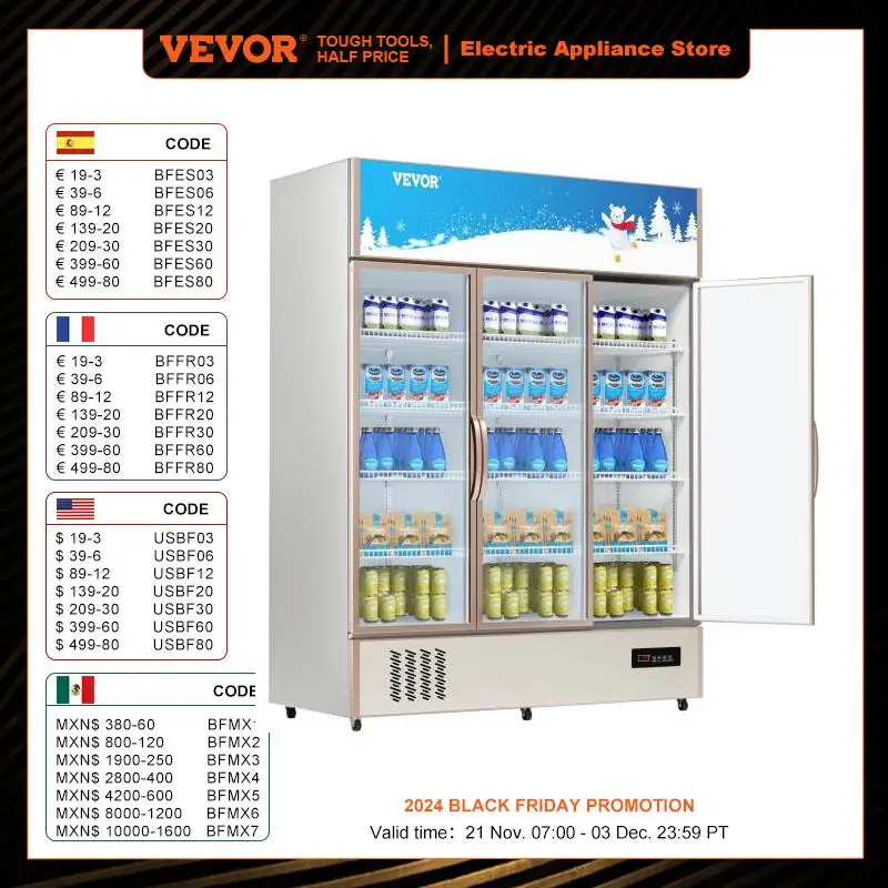 

VEVOR Triple Swing Door Commercial Refrigerator Display Fridge Upright Beverage Cooler Glass Door with LED Light for Home Store