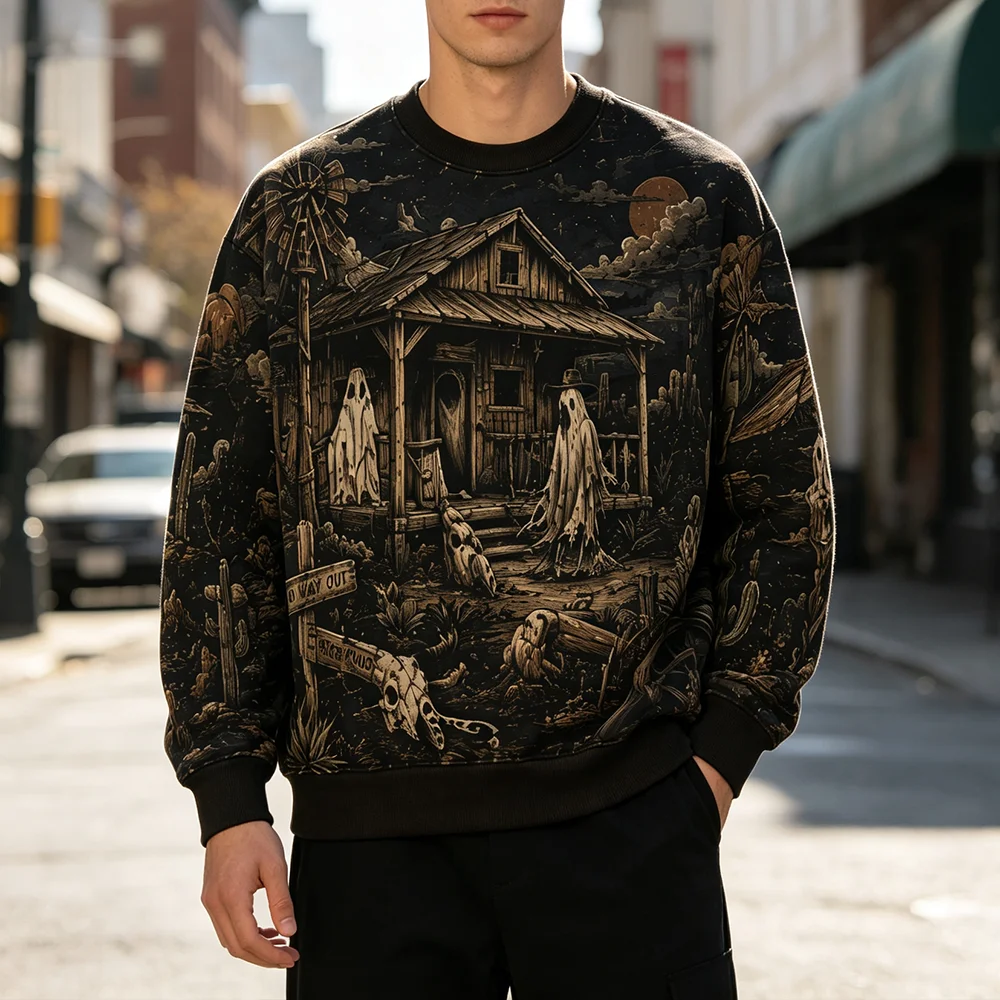 Halloween Western Ghost Print Sweatshirt Holiday Street Fashion O-neck Clothes Desert Cactus Wooden House Graphic Pullover Tops