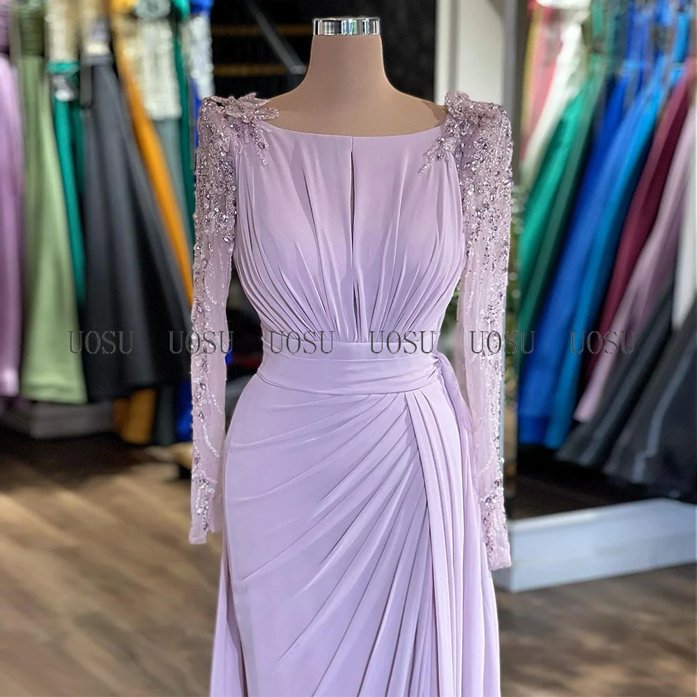 Lilac Mother of the Bride/Groom Dresses Long Sleeves Beaded Luxury Women\'s Wedding Guest Gowns Scoop Split Formal Evening Dress