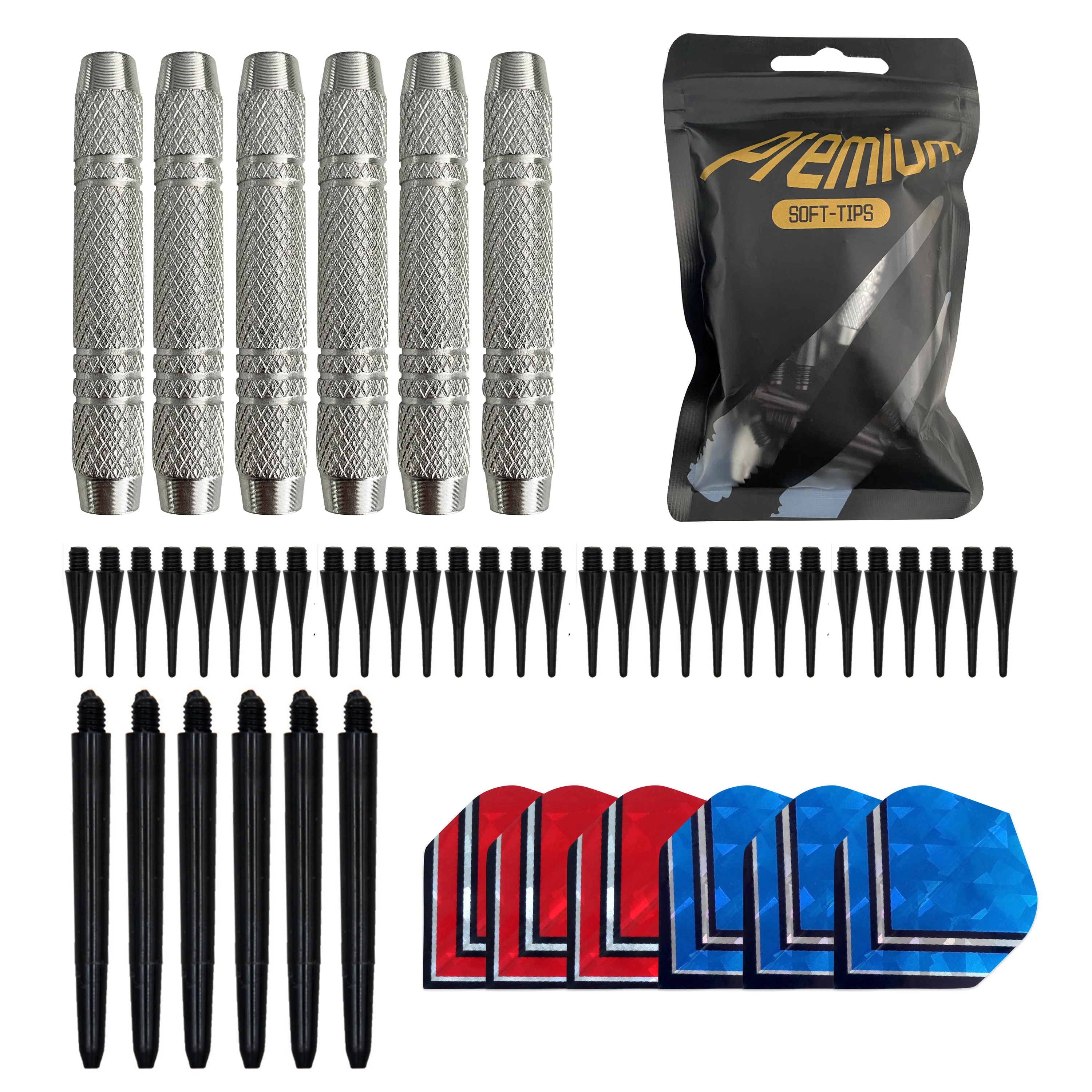 

Set of 6 14g professional nickel-plated iron shafts, colourful coloured dart tails and ultra-lightweight shafts, 30 soft dart he