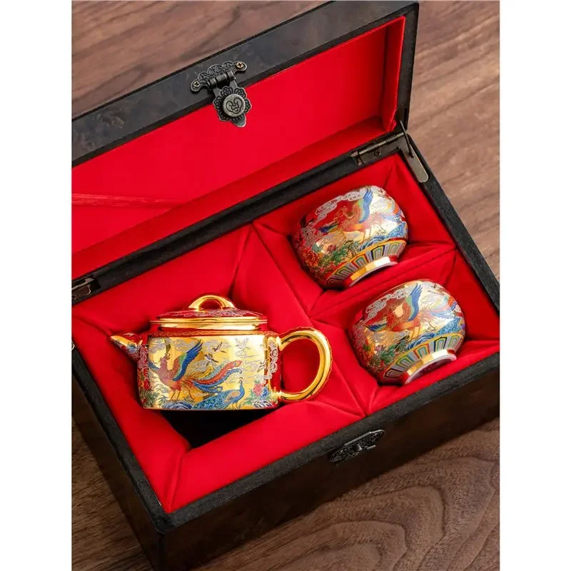 Gold Colorful Teapot Unique Tea Accessories Gilt Bainiaozhaofeng High-end Kung Fu Tea Set Gift for Elders and Leading Customers